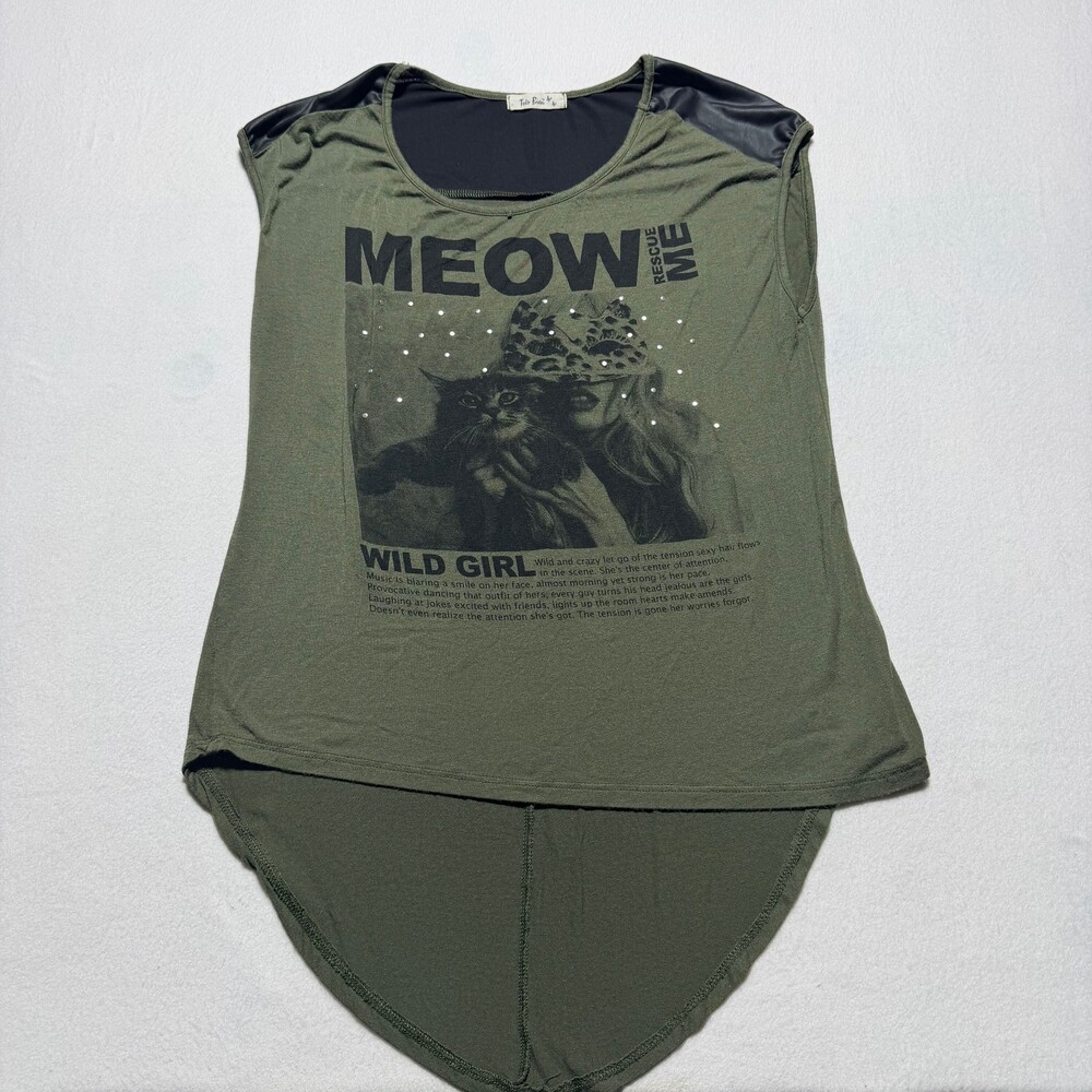 Très Bien Meow Rescue Me Wild Girl Cat Print Tank Olive High-Low